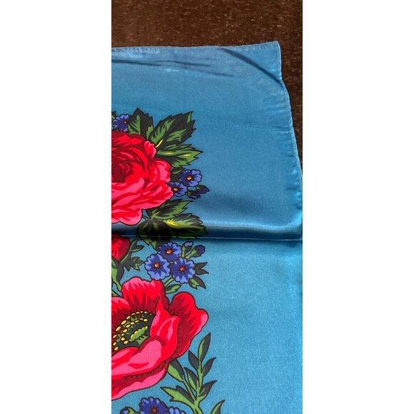 Vintage Scarf Blue Red Pink Floral Design Handmade 100% Acetate Rolled Hem NWOT - Picture 7 of 10